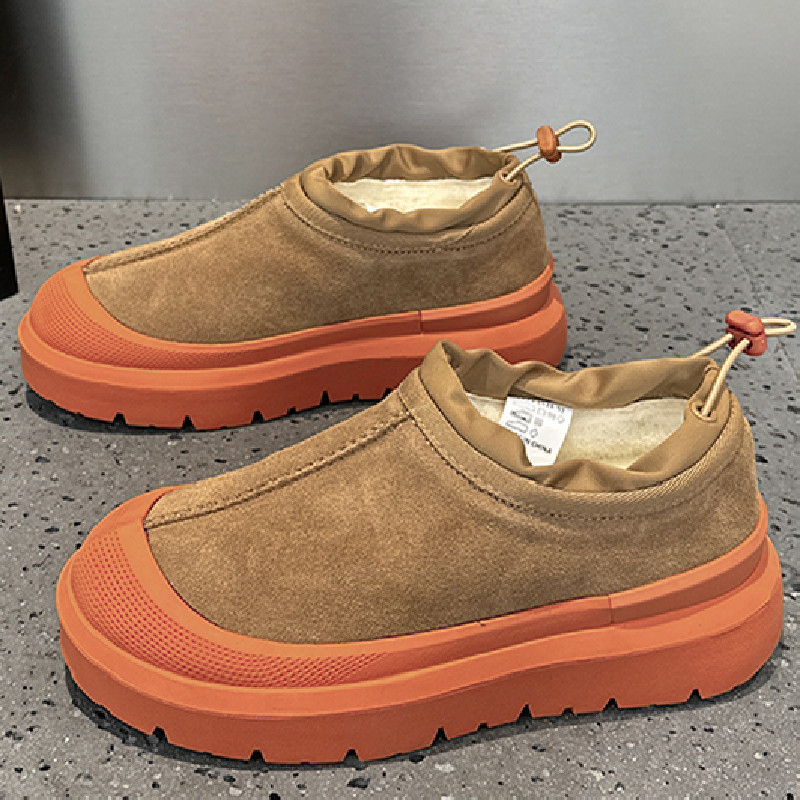 Женски снегови ботуши в стил Wang Yibo – зима 2025, обувки с дебела подметка от велур и кожа, подплатени с вълна, гумена подметка, нисък горен кант, кръгъл нос