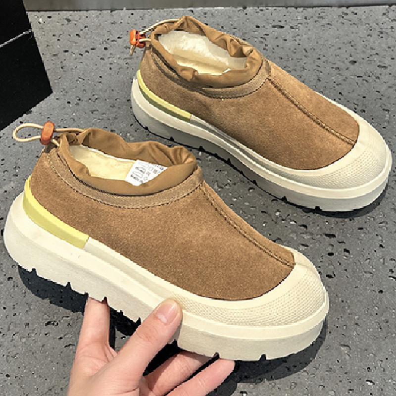 Женски снегови ботуши в стил Wang Yibo – зима 2025, обувки с дебела подметка от велур и кожа, подплатени с вълна, гумена подметка, нисък горен кант, кръгъл нос