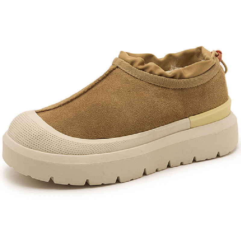 Женски снегови ботуши в стил Wang Yibo – зима 2025, обувки с дебела подметка от велур и кожа, подплатени с вълна, гумена подметка, нисък горен кант, кръгъл нос