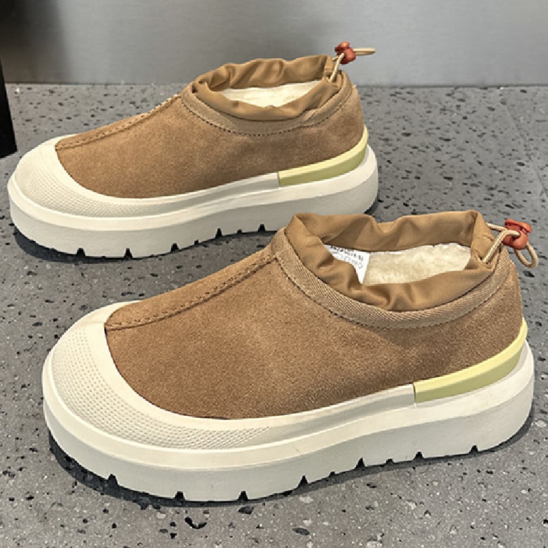 Женски снегови ботуши в стил Wang Yibo – зима 2025, обувки с дебела подметка от велур и кожа, подплатени с вълна, гумена подметка, нисък горен кант, кръгъл нос