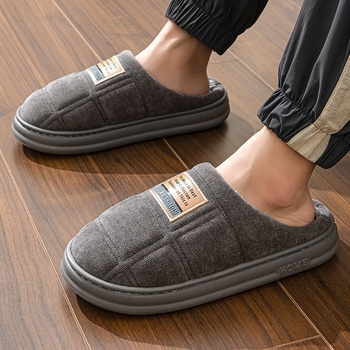 Домашни зимни пантофи с пухена подплата, дебела неплъзгаща подметка, шарка райета/каре, памучна горна част, кожена вътрешна подплата