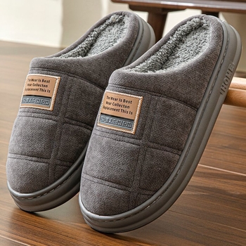 Домашни зимни пантофи с пухена подплата, дебела неплъзгаща подметка, шарка райета/каре, памучна горна част, кожена вътрешна подплата