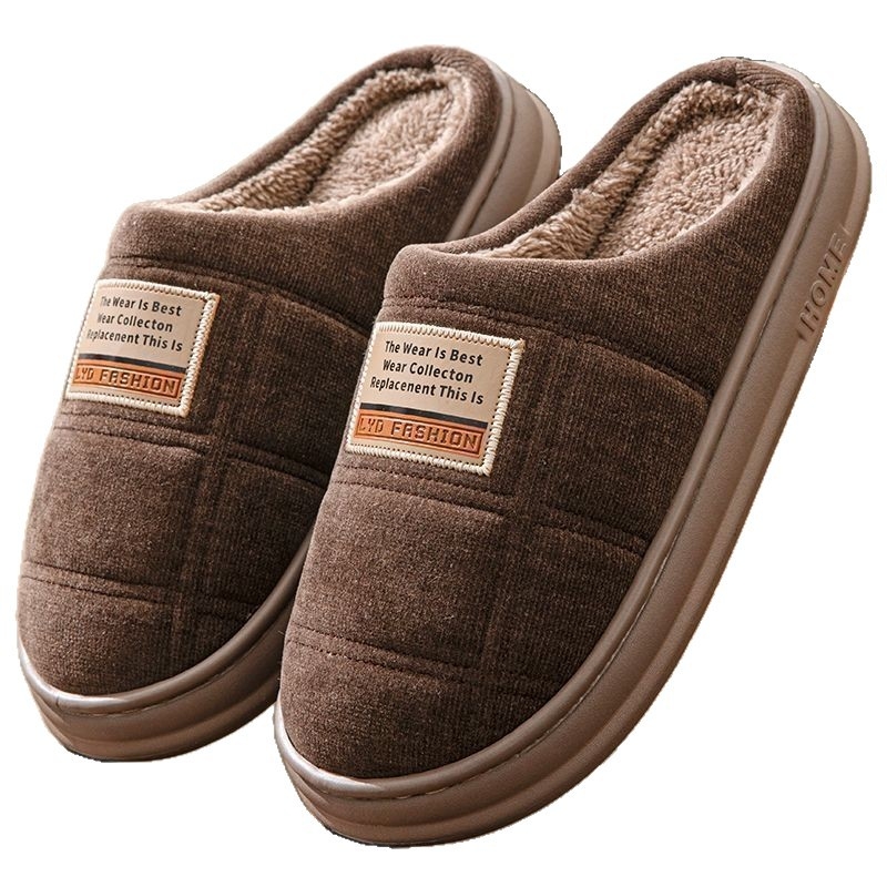 Домашни зимни пантофи с пухена подплата, дебела неплъзгаща подметка, шарка райета/каре, памучна горна част, кожена вътрешна подплата