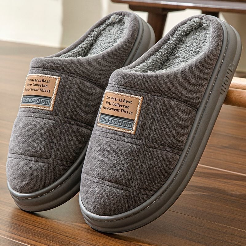 Домашни зимни пантофи с пухена подплата, дебела неплъзгаща подметка, шарка райета/каре, памучна горна част, кожена вътрешна подплата