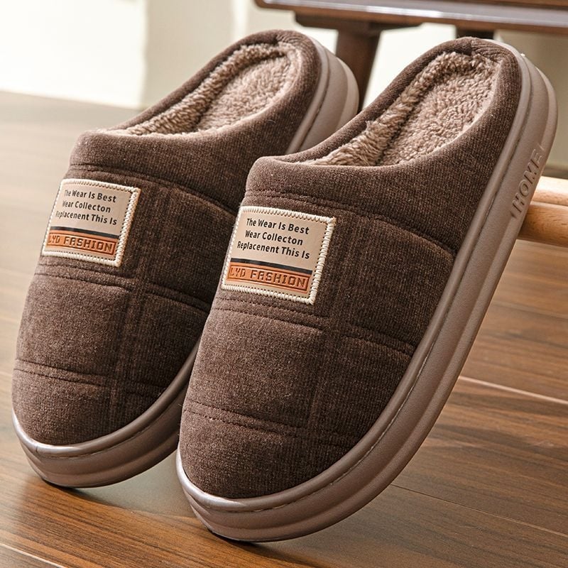 Домашни зимни пантофи с пухена подплата, дебела неплъзгаща подметка, шарка райета/каре, памучна горна част, кожена вътрешна подплата