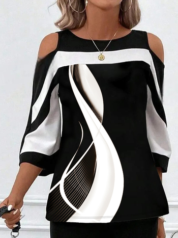 Тениска с арт принт в контрастни цветове, полиестерова материя, кръгла яка, средни ръкави, уличен стил