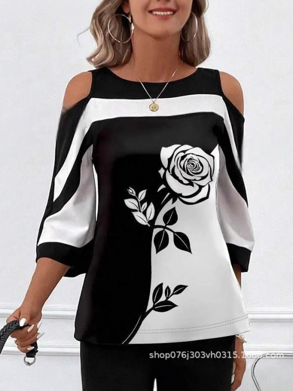 Тениска с арт принт в контрастни цветове, полиестерова материя, кръгла яка, средни ръкави, уличен стил