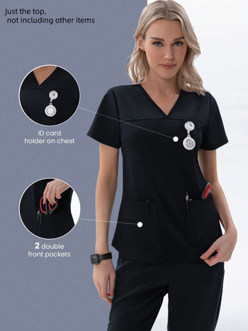 Женски V-образен медицински топ с къс ръкав, влагоотвеждаща полиестер-еластанова смес, подходящ за лято/пролет/есен.