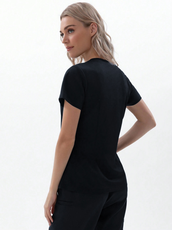 Женски V-образен медицински топ с къс ръкав, влагоотвеждаща полиестер-еластанова смес, подходящ за лято/пролет/есен.