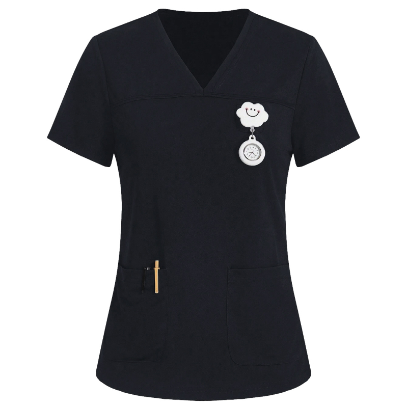 Женски V-образен медицински топ с къс ръкав, влагоотвеждаща полиестер-еластанова смес, подходящ за лято/пролет/есен.