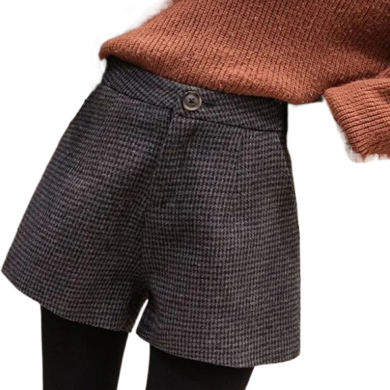 Дамски вълнени шорти с houndstooth модел, висока талия, широки крачоли, зимни ежедневни панталони