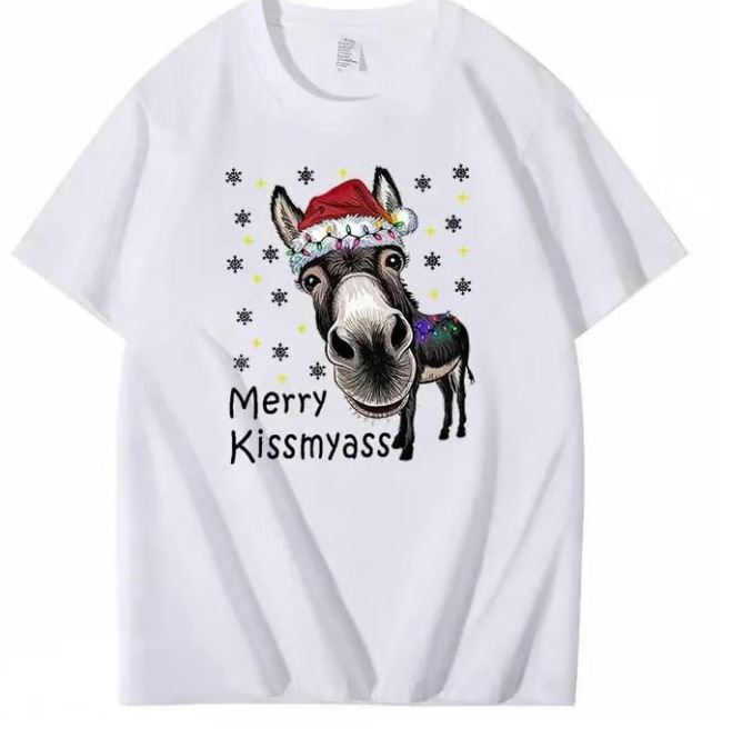 Ανδρικό T-shirt με αφηρημένο χριστουγεννιάτικο σχέδιο γάιδαρου, στενή γραμμή, κοντά μανίκια, χωρίς γιακά, πολυεστέρας (Πολυεστέρας 96%+, στενή γραμμή, κοντά μανίκια, χωρίς γιακά, αφηρημένο μοτίβο)