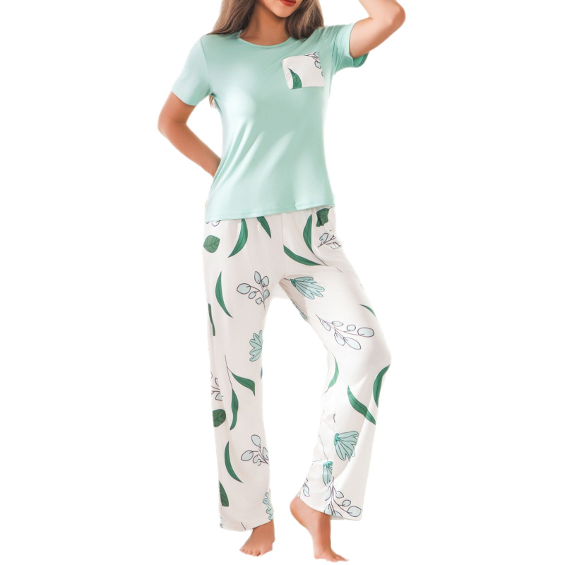 Dviejų dalių pižamų komplektas iš poliesterio, apvali kaklo iškirptė, 3/4 rankovės, kelnės, paprastas kasdienis stilius