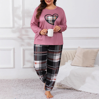 Дамски пижамен комплект с 3D ефектен принт и принт със сърца и каре, млечен силик, дълъг ръкав топ и панталони