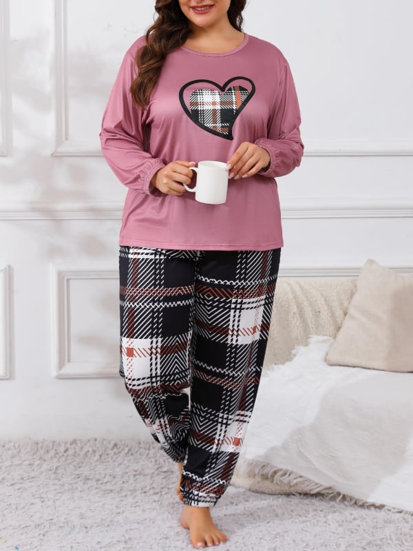 Дамски пижамен комплект с 3D ефектен принт и принт със сърца и каре, млечен силик, дълъг ръкав топ и панталони