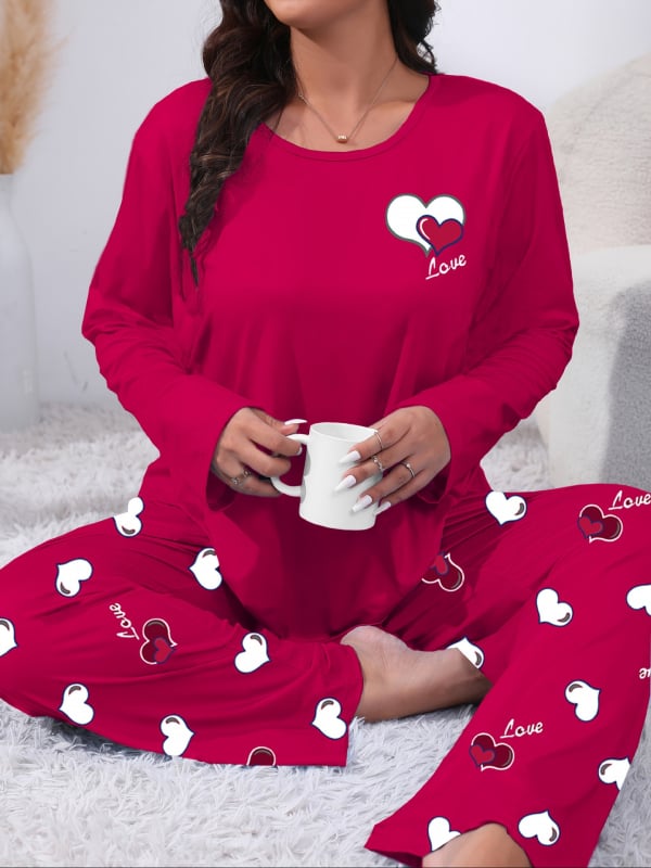 Дамски пижамен комплект с 3D ефектен принт и принт със сърца и каре, млечен силик, дълъг ръкав топ и панталони
