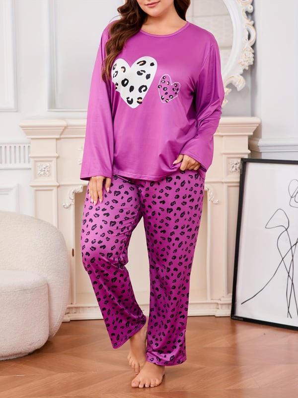 Дамски пижамен комплект с 3D ефектен принт и принт със сърца и каре, млечен силик, дълъг ръкав топ и панталони