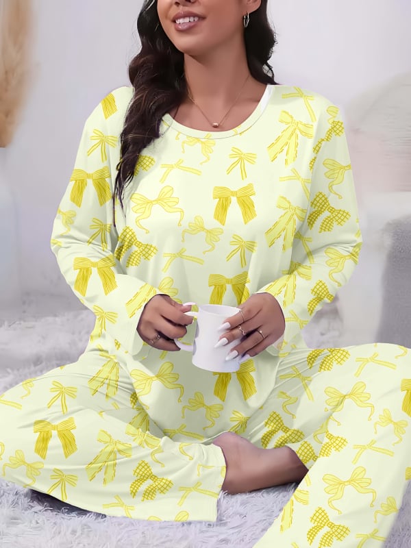 Дамски пижамен комплект с 3D ефектен принт и принт със сърца и каре, млечен силик, дълъг ръкав топ и панталони