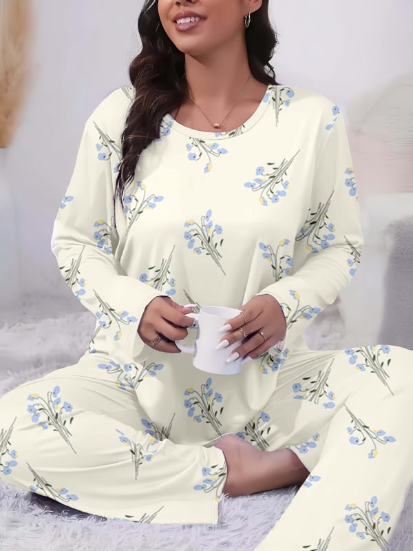 Дамски пижамен комплект с 3D ефектен принт и принт със сърца и каре, млечен силик, дълъг ръкав топ и панталони