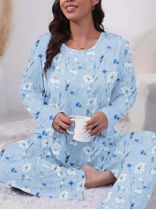 Дамски пижамен комплект с 3D ефектен принт и принт със сърца и каре, млечен силик, дълъг ръкав топ и панталони