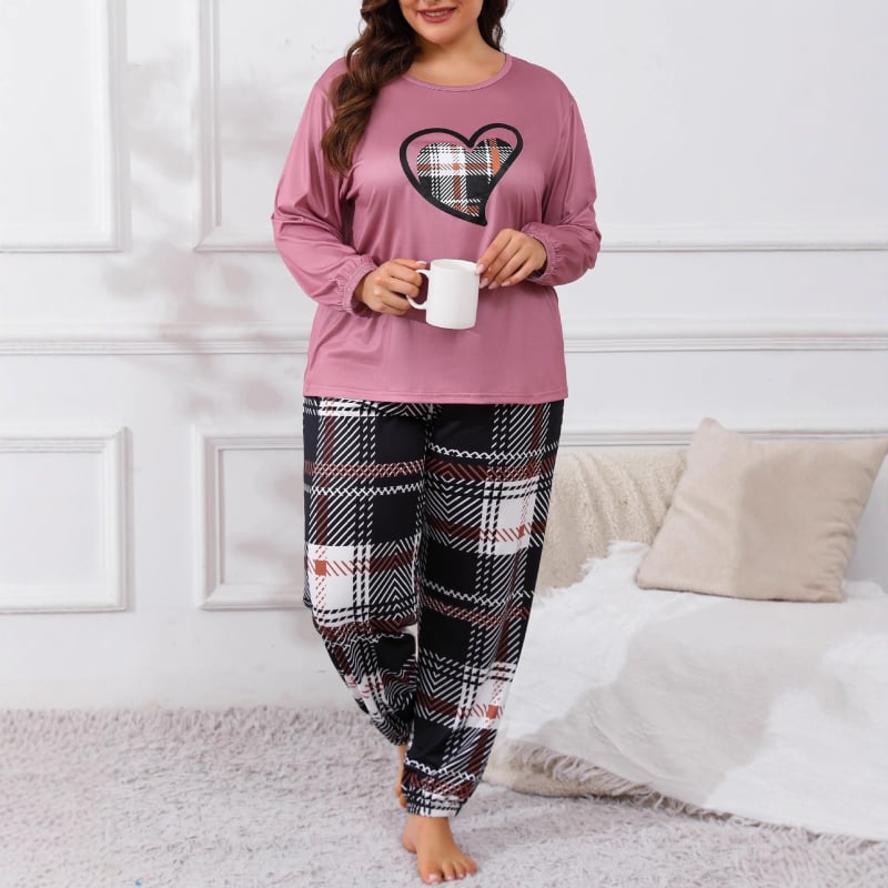 Дамски пижамен комплект с 3D ефектен принт и принт със сърца и каре, млечен силик, дълъг ръкав топ и панталони