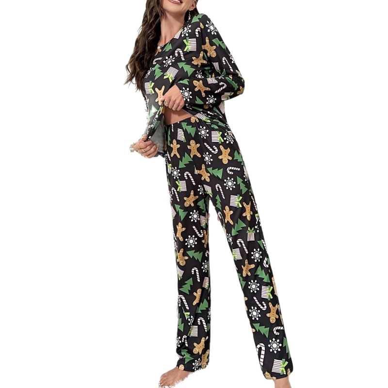 Дамски пижамен комплект с 3D ефектен принт и принт със сърца и каре, млечен силик, дълъг ръкав топ и панталони