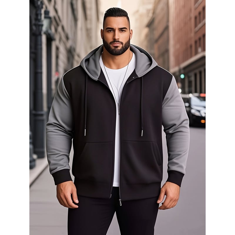 Мъжки суитшърт с качулка, контрастен модел, 100% полиестер, микроеластичен плат, 400 g/m², четири сезона, дълги ръкави