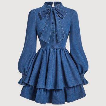 Памучна рокля с дълги ръкави, средна дължина, еластична талия и яка half-turtleneck – елегантен офис стил