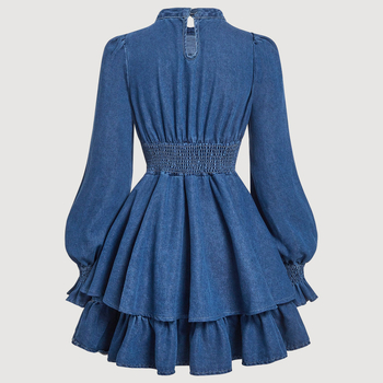 Памучна рокля с дълги ръкави, средна дължина, еластична талия и яка half-turtleneck – елегантен офис стил