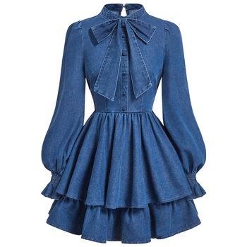 Памучна рокля с дълги ръкави, средна дължина, еластична талия и яка half-turtleneck – елегантен офис стил