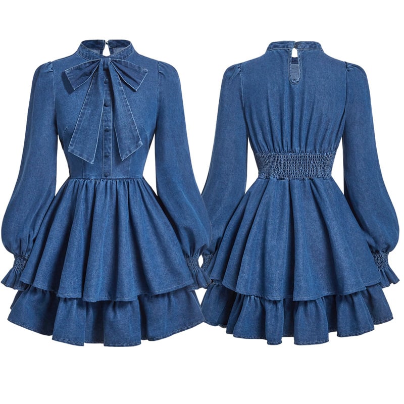 Памучна рокля с дълги ръкави, средна дължина, еластична талия и яка half-turtleneck – елегантен офис стил