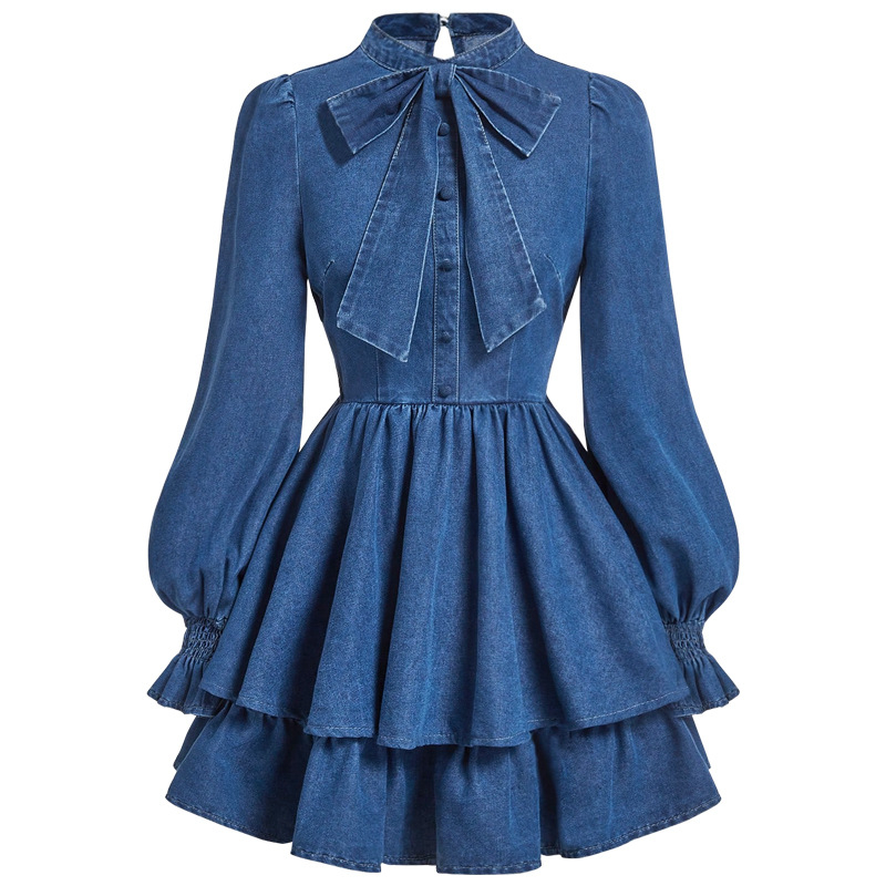 Памучна рокля с дълги ръкави, средна дължина, еластична талия и яка half-turtleneck – елегантен офис стил