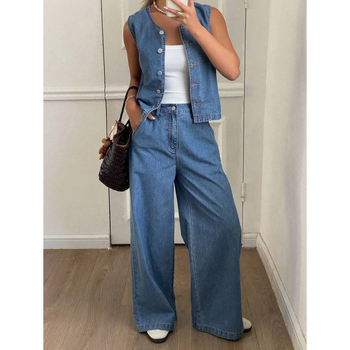 Деним комплект: жилетка и панталони, подплата флис, свободен силует, талия с двойна лента и връзка, подходящ за всички сезони, полиестерна смес