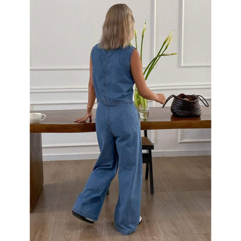 Деним комплект: жилетка и панталони, подплата флис, свободен силует, талия с двойна лента и връзка, подходящ за всички сезони, полиестерна смес