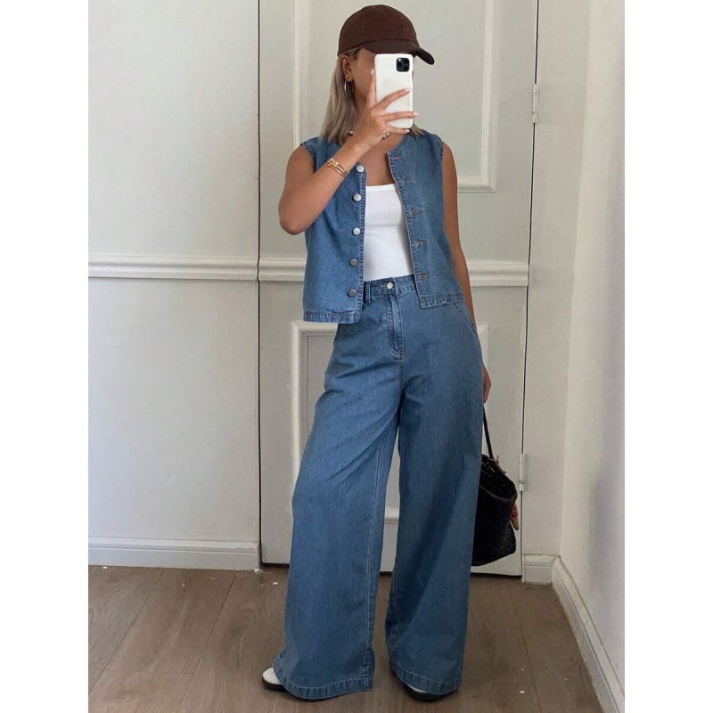 Деним комплект: жилетка и панталони, подплата флис, свободен силует, талия с двойна лента и връзка, подходящ за всички сезони, полиестерна смес