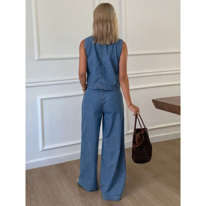 Деним комплект: жилетка и панталони, подплата флис, свободен силует, талия с двойна лента и връзка, подходящ за всички сезони, полиестерна смес