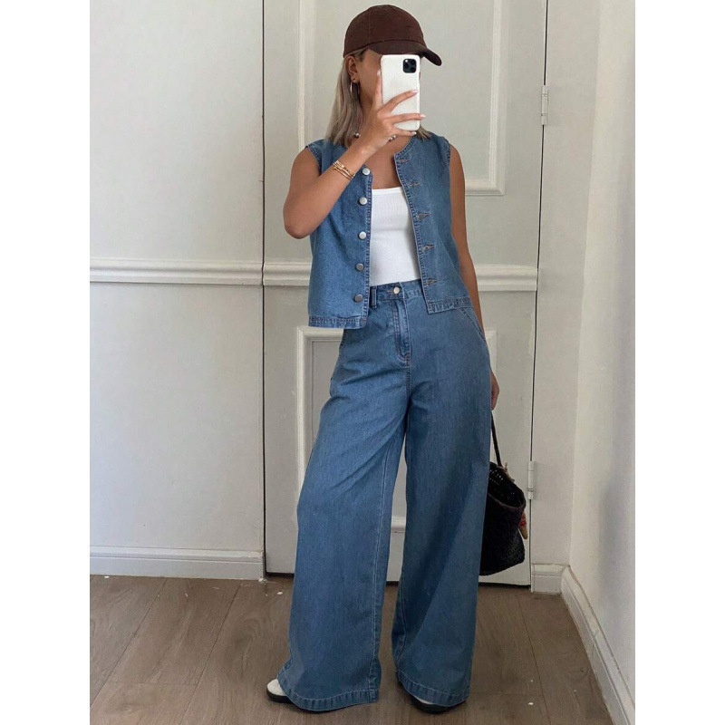 Деним комплект: жилетка и панталони, подплата флис, свободен силует, талия с двойна лента и връзка, подходящ за всички сезони, полиестерна смес