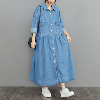 Деним рокля с А‑линейна кройка, дълга, поло яка, дълги ръкави, копчета