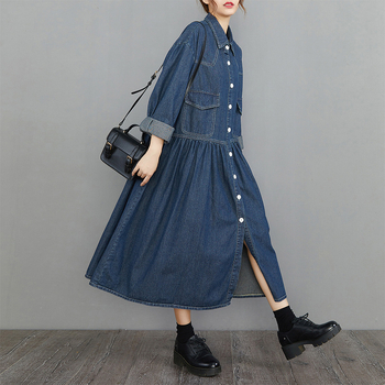 Деним рокля с А‑линейна кройка, дълга, поло яка, дълги ръкави, копчета