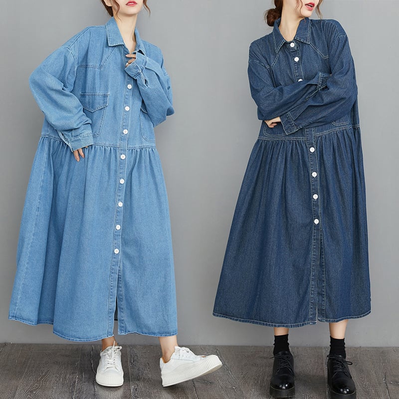 Деним рокля с А‑линейна кройка, дълга, поло яка, дълги ръкави, копчета