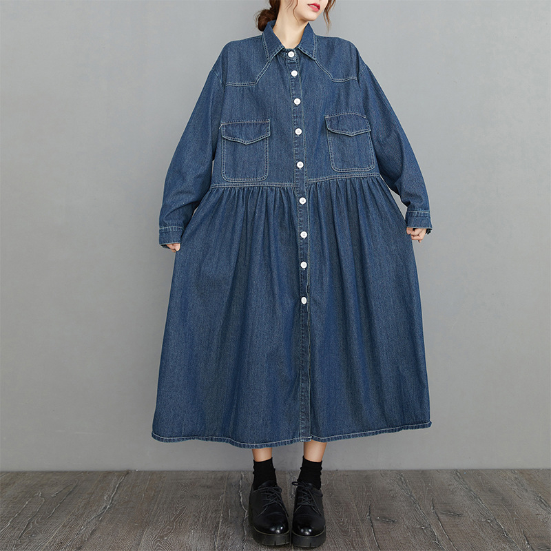 Деним рокля с А‑линейна кройка, дълга, поло яка, дълги ръкави, копчета