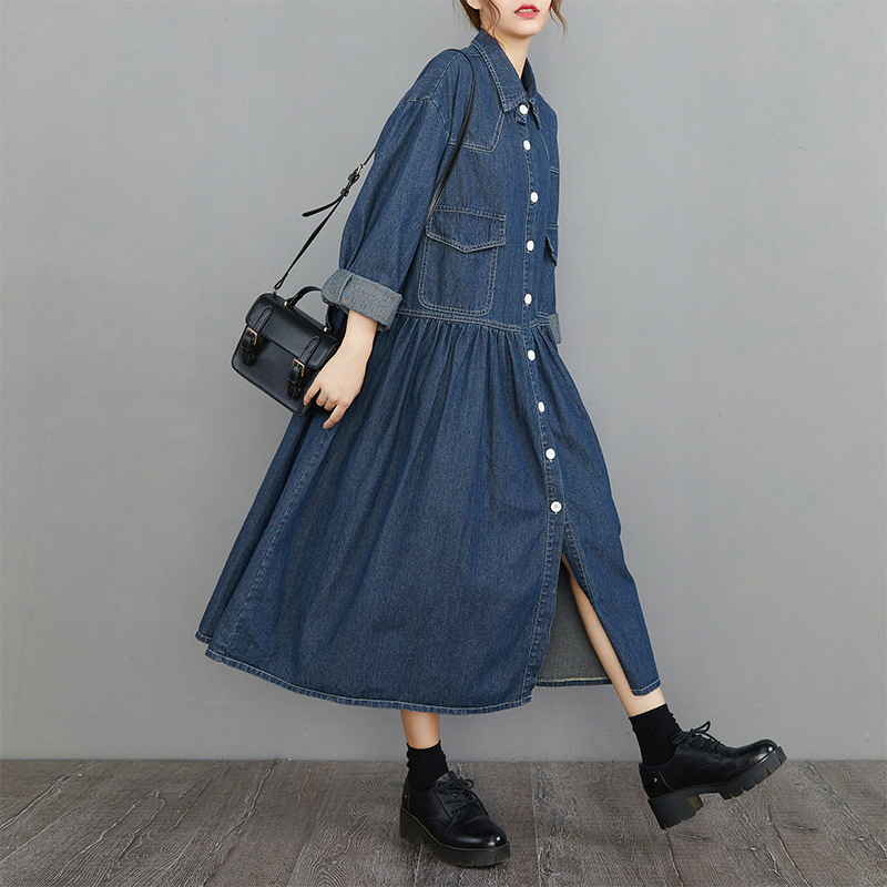 Деним рокля с А‑линейна кройка, дълга, поло яка, дълги ръкави, копчета