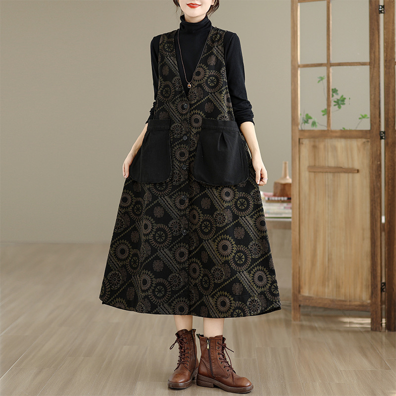 Дънкова рокля с принт презрамки без ръкави, V-образно деколте и висока талия