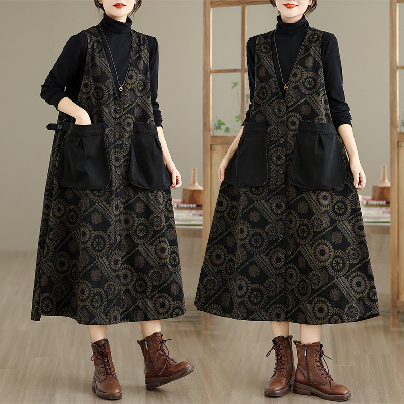 Дънкова рокля с принт презрамки без ръкави, V-образно деколте и висока талия