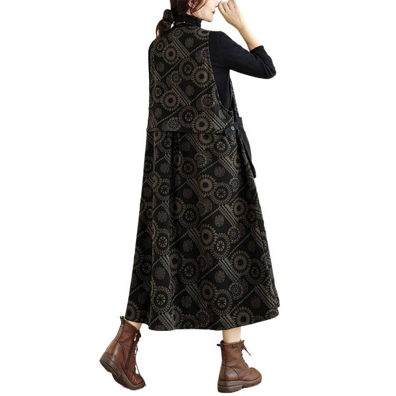 Дънкова рокля с принт презрамки без ръкави, V-образно деколте и висока талия