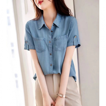 Denim särk halter-kaelaga, sirge lõige, lühikeste varrukatega, ühtlane muster, suvi 2025, linn stiil