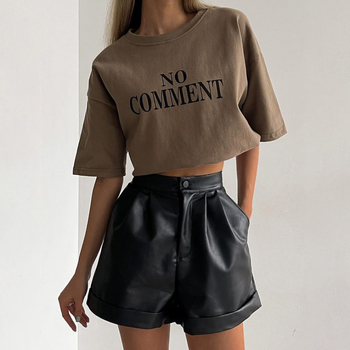 Шорти с PU кожа, свободен силует А-линия, широки крачоли, цип, средна талия, дължина три четвърти, полиестер-спандекс смес