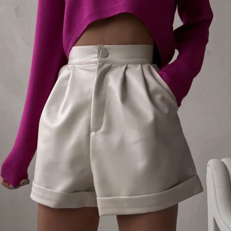 Шорти с PU кожа, свободен силует А-линия, широки крачоли, цип, средна талия, дължина три четвърти, полиестер-спандекс смес