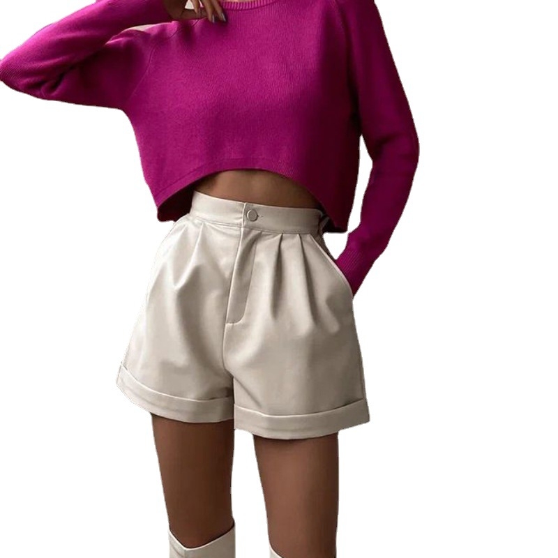 Шорти с PU кожа, свободен силует А-линия, широки крачоли, цип, средна талия, дължина три четвърти, полиестер-спандекс смес