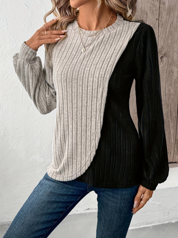 Патчворк тениска, полиестер, дълги ръкави, кръгла яка, есен 2024